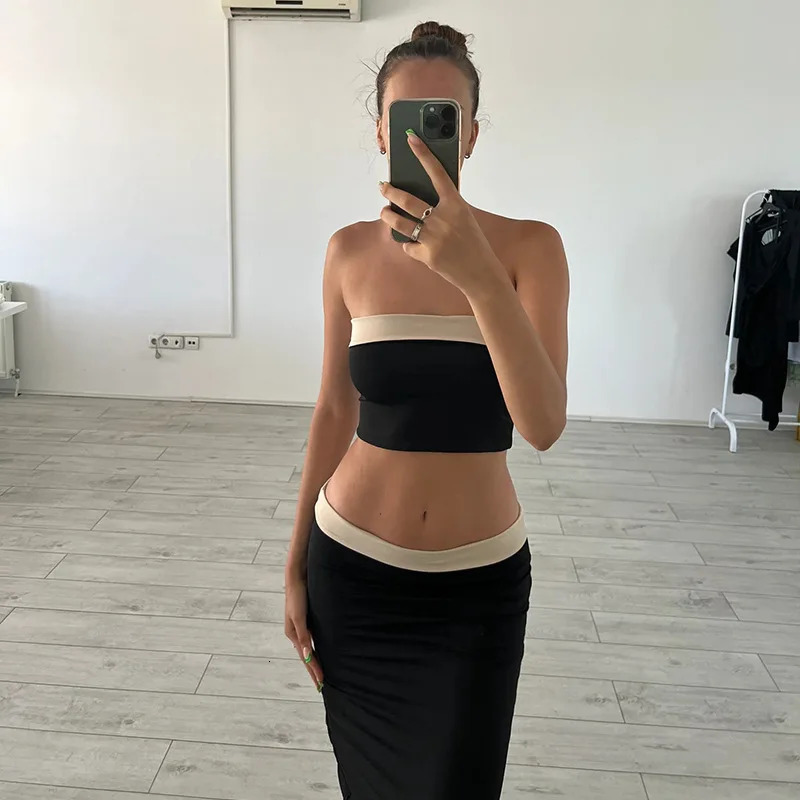 Cross border American sexy strapless and exposed navel top half skirt color blocking splicing spicy girl two-piece set womens 260624