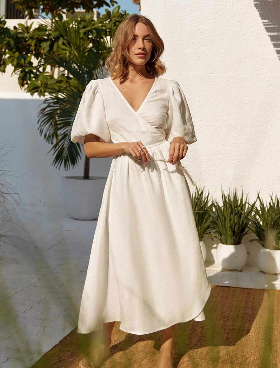 Bornladies 100 Cotton V-neck Waist Cinched Dress Unique Lantern Sleeve Sexy Slit Long Skirt Fashionable Womens Casual Dresses 260625