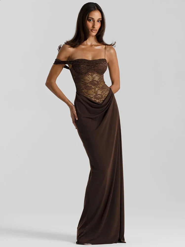 Mozision One Shoulder Lace See Through Sexy Maxi Dress Women Gown Fashion Off-shoulder Sleeveless Backless Club Long Dresses 260625BJ