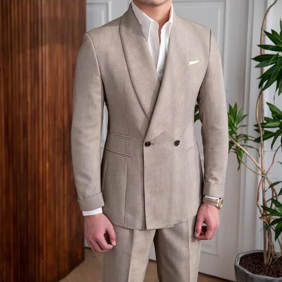 Mens Linen Suit 2-Piece Khaki Shawl Collar Double-Breasted Slim Fit Breathable Jacket and Pants Formal Set for Summer Business 260624BJ