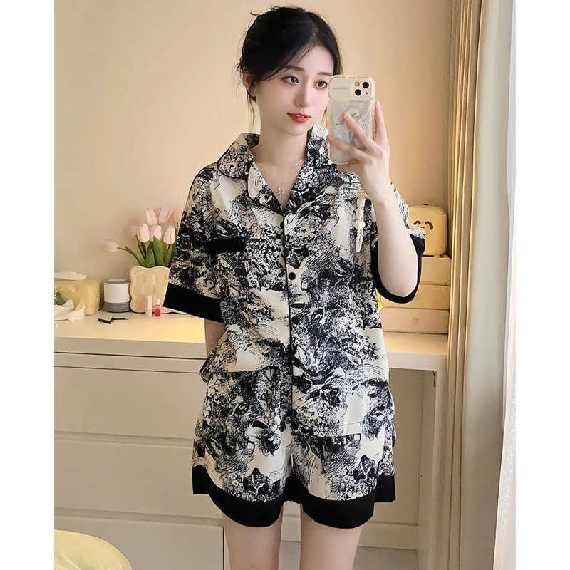 Ice Silk Pajamas Summer Womens Short-Sleeve Shorts Summer New Chinese-Style Ink Painting Home Wear Casual Set M260625