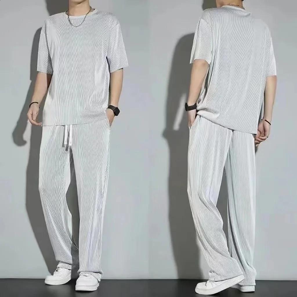 Mens Wrinkled Ice Silk Sports Set Summer Short sleeved Long Pants Two piece Fashionable Breathable and Cool 3 260625