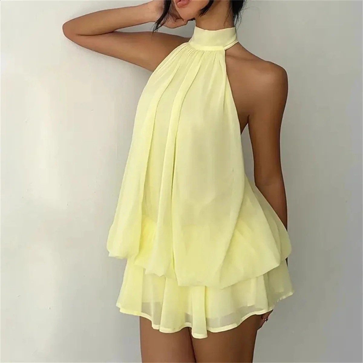 Womens Halter Neck Dress Sweet Backless TieFront Chiffon Sheer Mini Skirt Fashion Sexy Y2K Vintage Cute Party Birthday 260613banjia