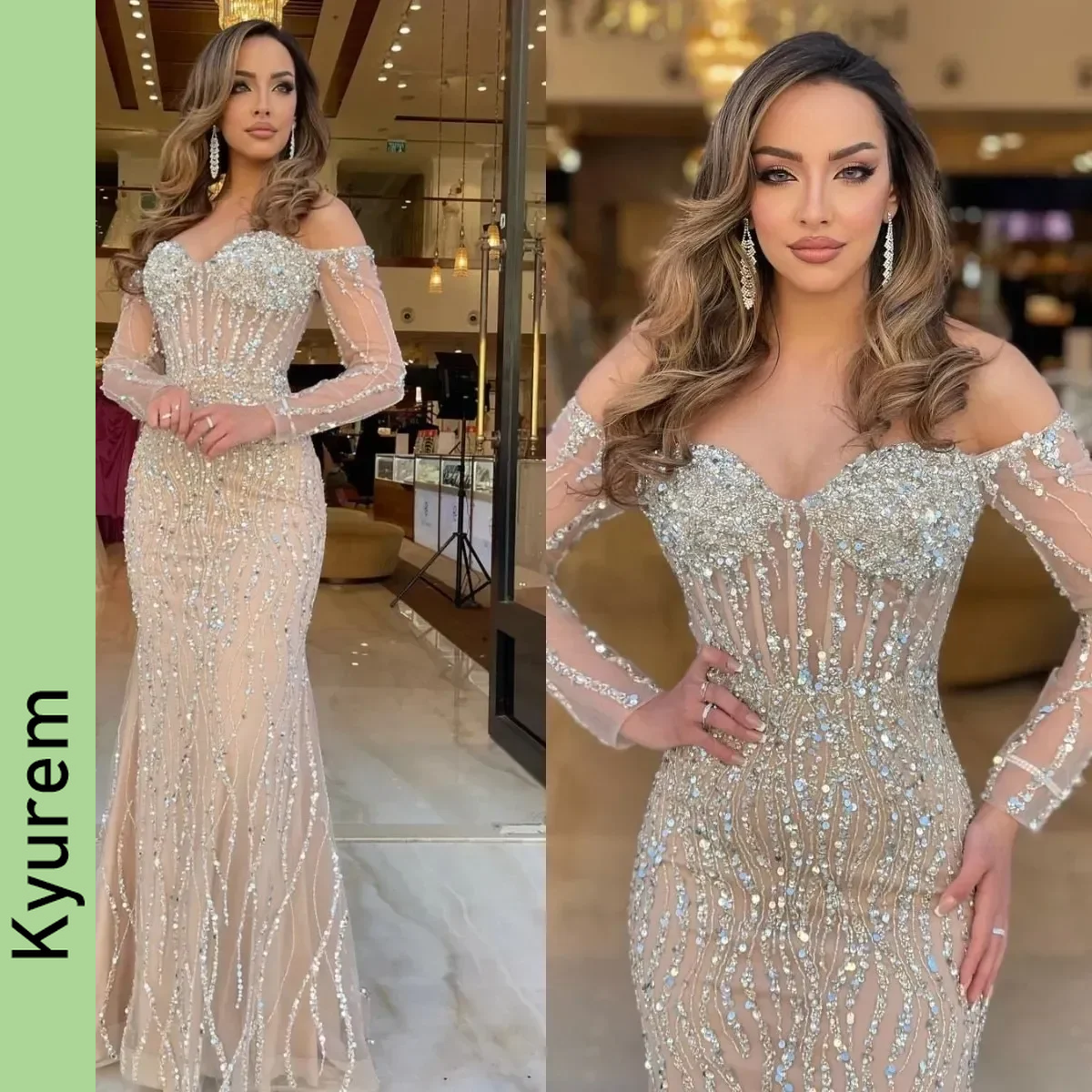 Champagne Evening Dresses Beading Formal Long Sleeves Party Prom gowns Robe De Soiree Custom Made color and size