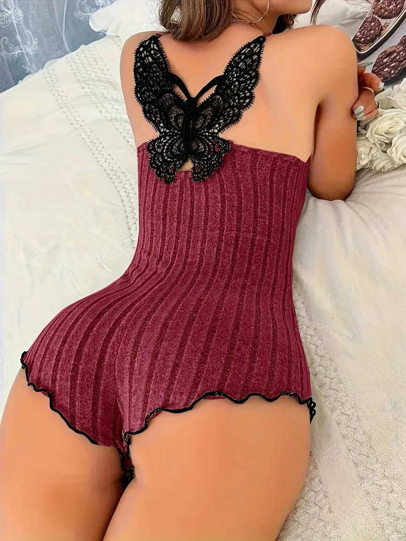 Onesies Summer Pajamas for Womens Sleepwear Fashion Back Bow Design Lace Splicing Bodysuit Loungerwear M260625