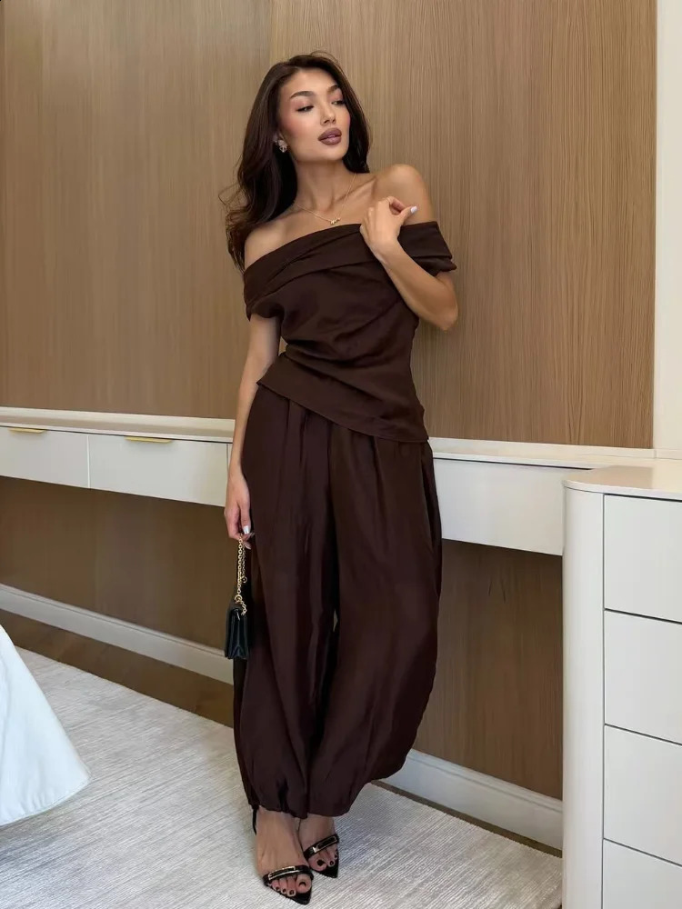 Solid One Shoulder Top Lantern Pants Set Women Chic Cotton Linen T-shirt Wide-leg Pants Suit Elegant Lady Summer Daily Outfits 260625