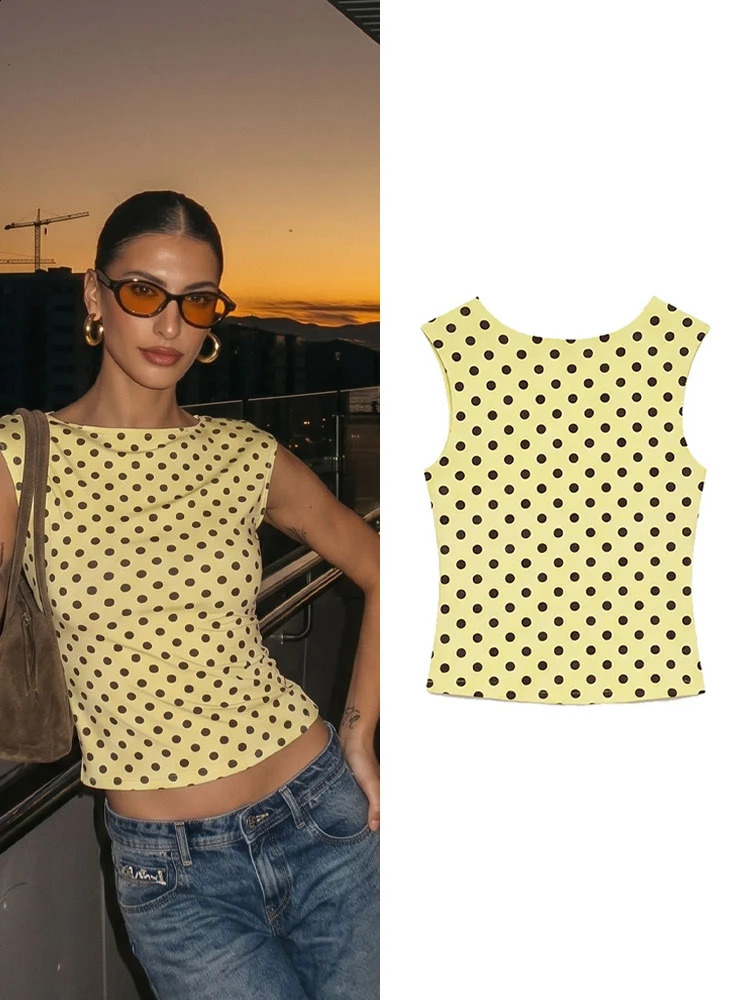 HH Woman Elegant Fashion Polka Dot Backless Short Vest 2026 Summer Vacation Beach Vest Sleeveless Slim Yellow Tank Tops 260618