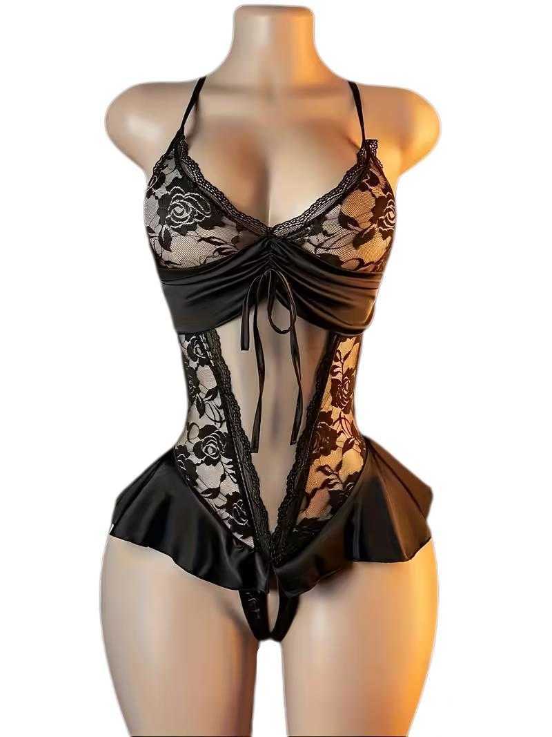 Womens Sexy Sleepwear Set Erotic Lingerie WeddNight Party Crotchless Pajama Dress Babydolls Deep V Bodysuit Costumes D260625