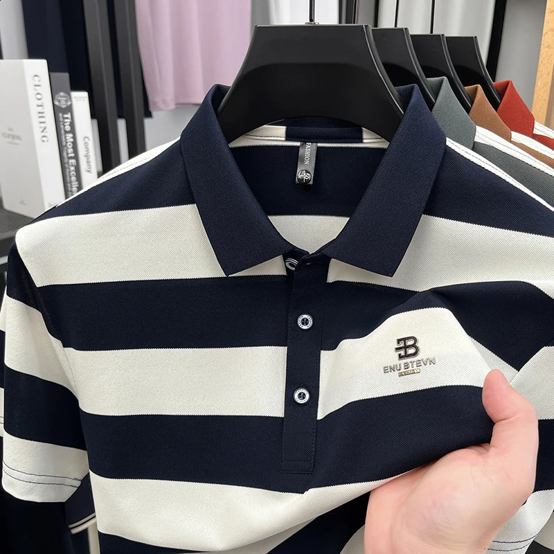 Mens Golf Polo Shirt with Collar Short Sleeves and Wide Stripes Breathable Summer Casual Business Tshirt 260625