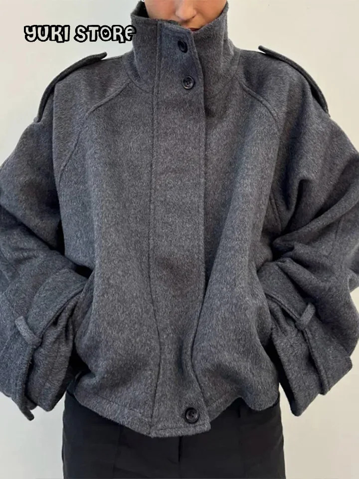 Elegant Solid Stand Collar Short Coat Women Casual Loose Button Full Sleeve Outwear 2026 Spring Female Fashion Streetwear 260624