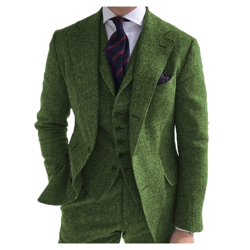 Mens Suits 3 Pieces Green Wool Tweed Herringbone Business Retro Classic PatternTuxedos For Wedding Blazer Pants Vest 260624BJ