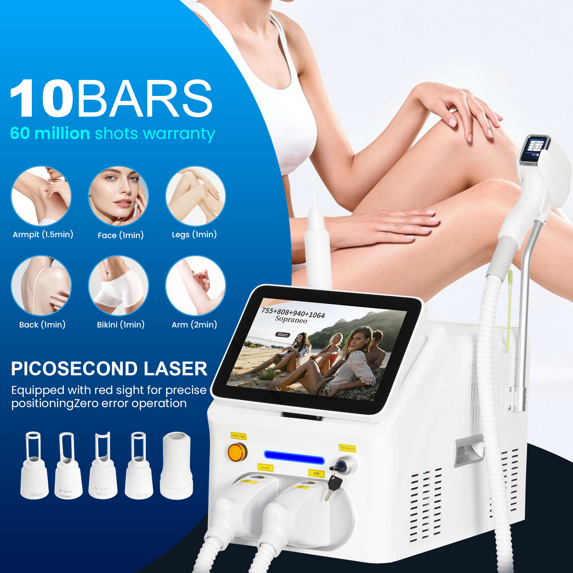 Professional 10 Bars Diode Laser Picosecond Laser Skin Rejuvenation Device 4 Wavelengths Laser Hair Removal 60M Shots Cooling Touch Screen-image-1112080440