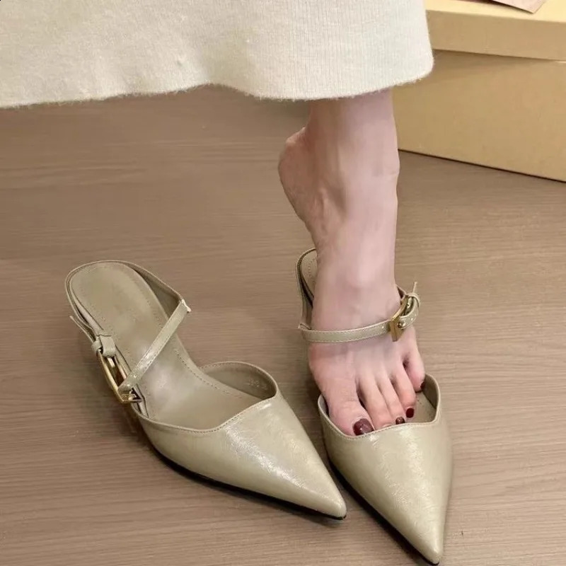 Women Pointed Toe Slippers Mid Heels Fashion Elegant Mules Shoes Summer Dress Sexy Woman Sandals Trend Womens Pumps 260625