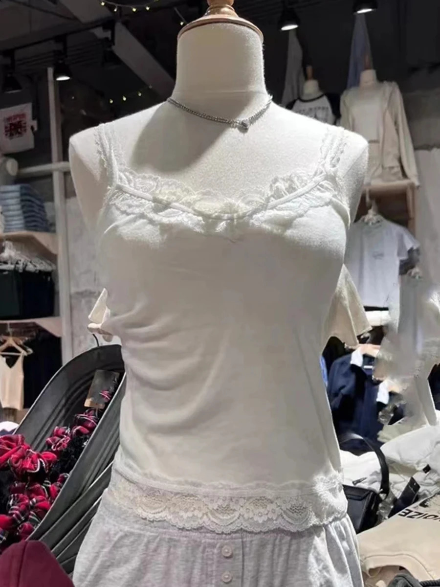 Sweet Lace Patchwork Slim Tank Tops Women Summer White Sexy Simple Cotton Soft Sleeveless Vests Female Vintage Chic Y2K Camisole 260624
