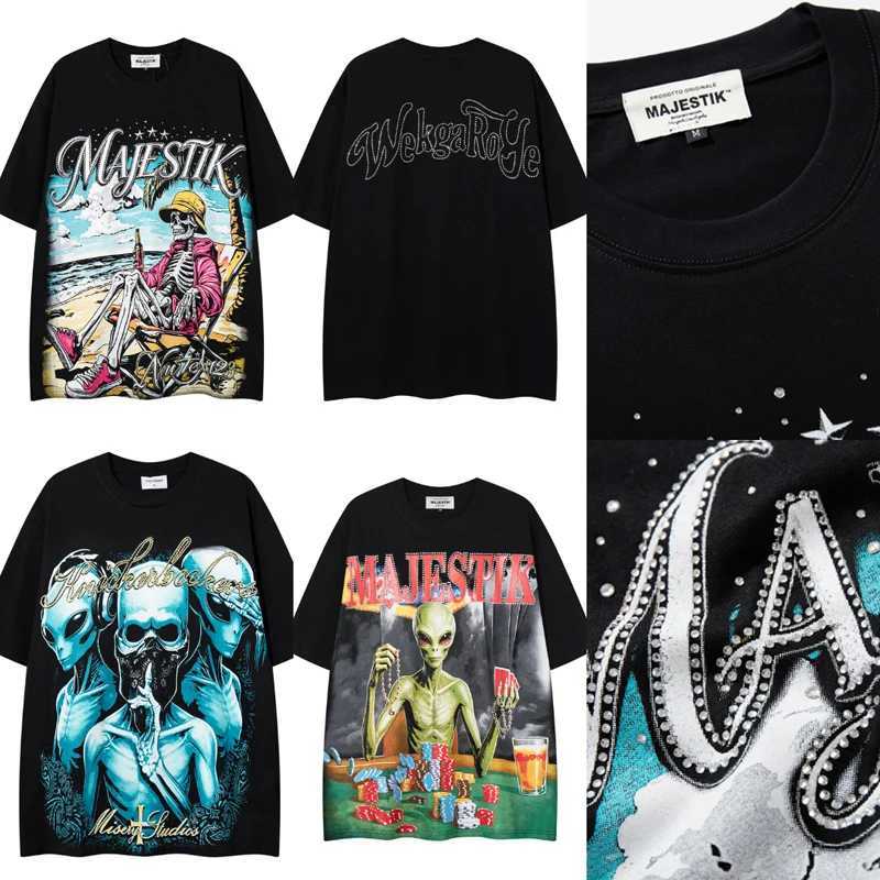 2026 Streetwear Mens MAJESTIK T-shirt Graffiti Skull Print Tops High-quality Rhinestone Short Sleeves Tee T260622