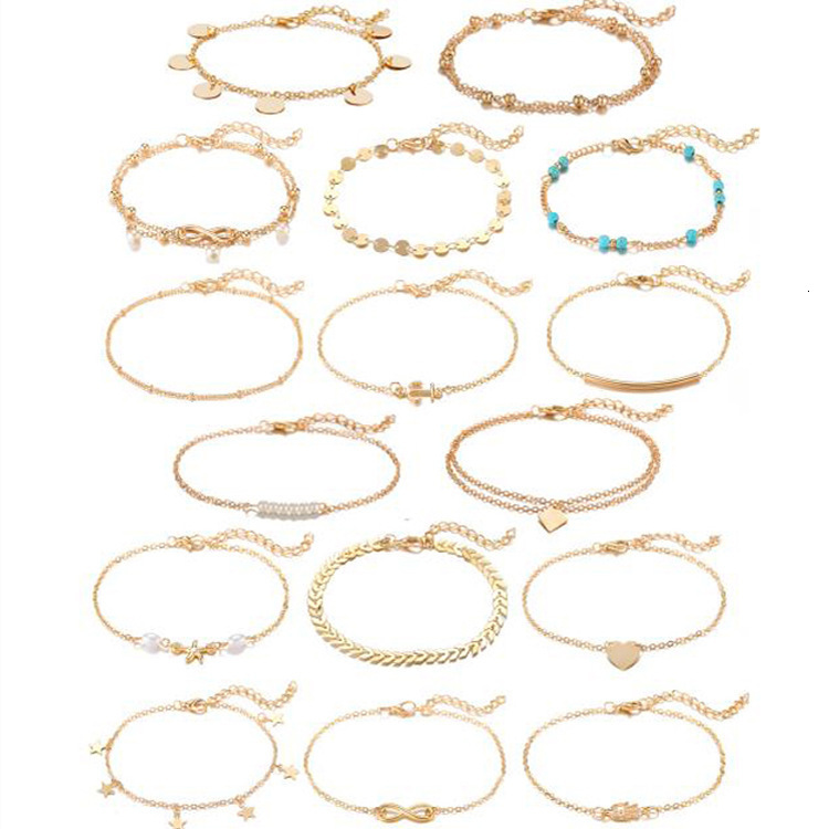 Bohemian style multi-layer anklet set, vintage versatile beach anklet, trendy vacation accessory, supply