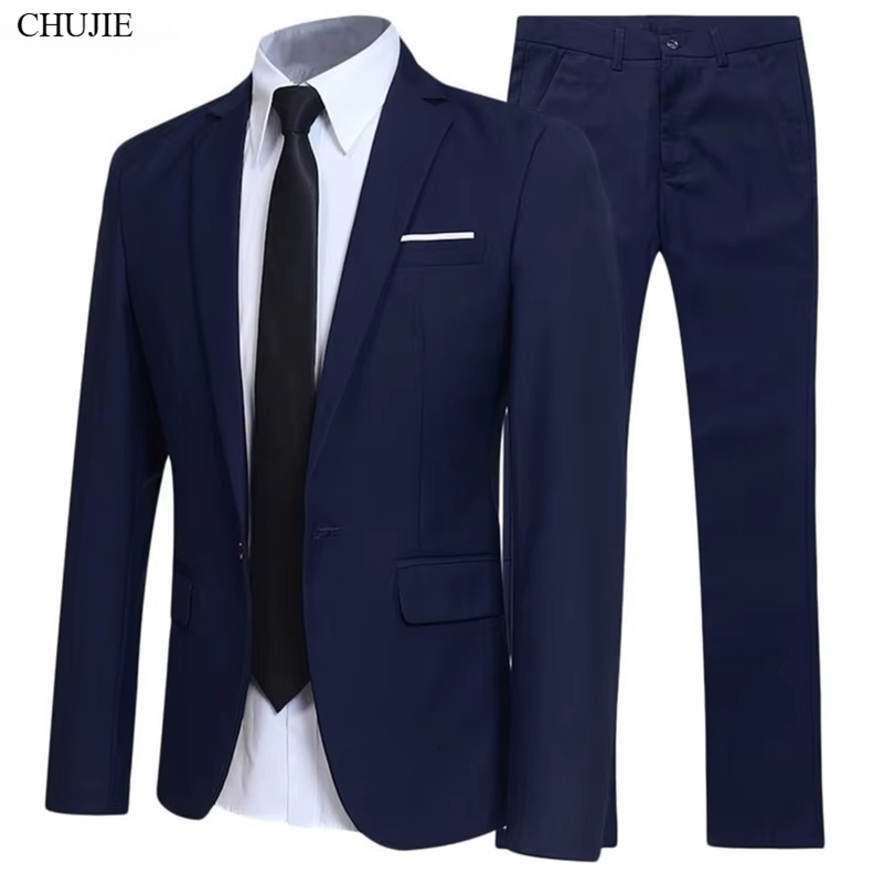 Men Blazers Sets 2 Pieces Wedding Elegant Formal 3 Suits Full Business Korean Pants Blue Coats Jackets Costume 260624BJ