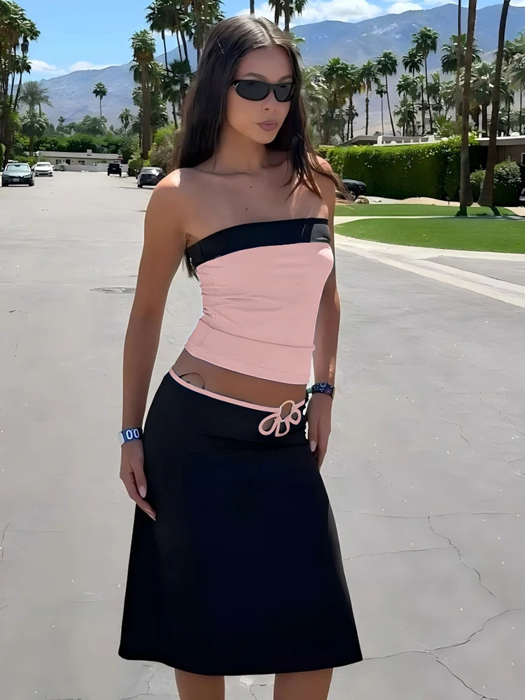Nibber Summer 2 Piece Set Women Color Blocking Sleeveless Tank TopsMetal Ring Hollow Skirts Fashion Sexy Vacation Party Suits 260624