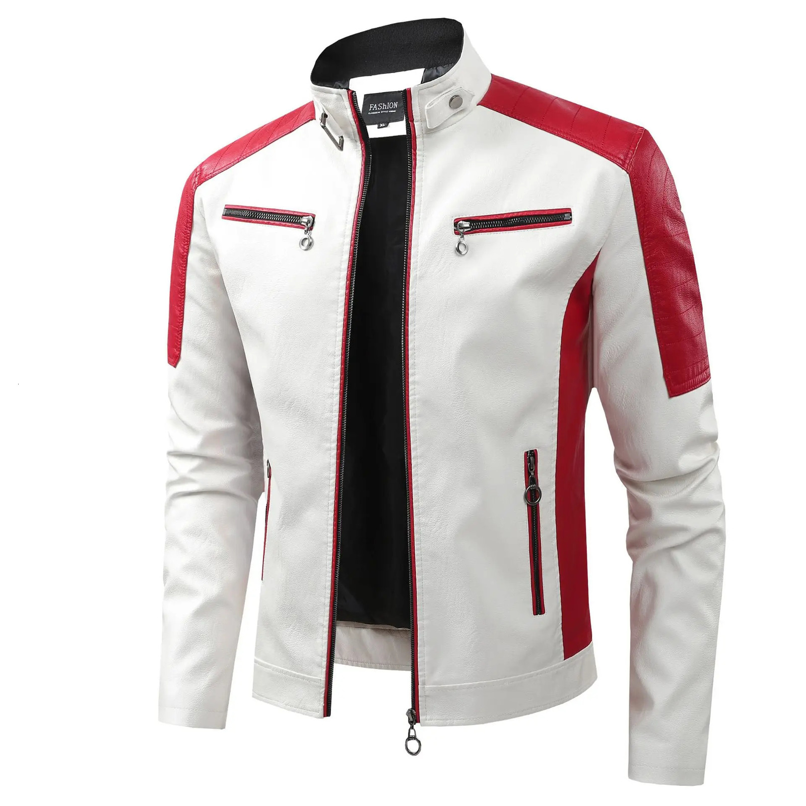 Casual Motorcycle Patchwork Leather Jacket Mens Fashion Stand Collar Windproof Leather Jacket Autumn Winter Moto Biker Coats 260624