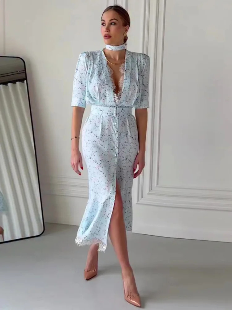 Elegant Lace Trimmed Printed Dress Women Chic Deep V-neck Waist Cinching Split Short Sleeve Maxi Dress Lady Party Vestidos 2026 260625