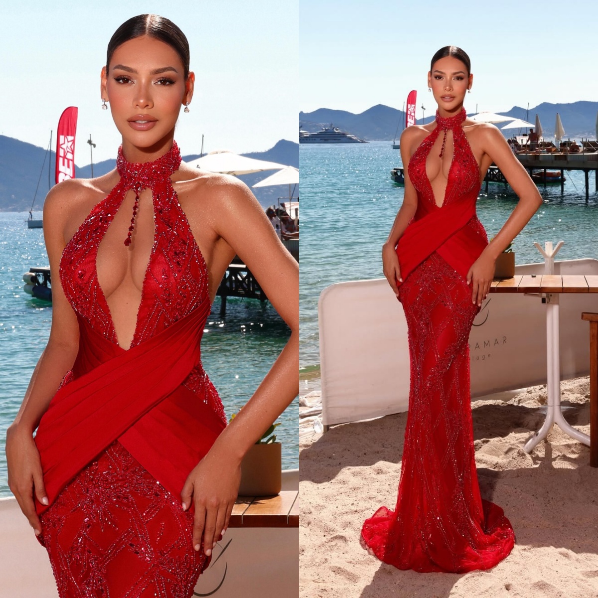 Fashion Halter Prom Dresses Mermaid Sleeveless Celebrity Evening Dresses Sequins Crystal Party Gown Sleeveless Vestidos De Noche Customized Plus Siz