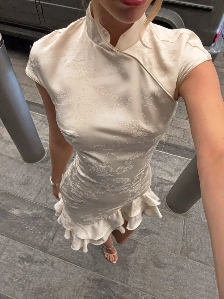 Tossy Fashion Ruffled Elegant Party Dress Women Short Sleeve Patchwork Slim Printed High Waist Dress Summer Female Mini Dress 260625BJ