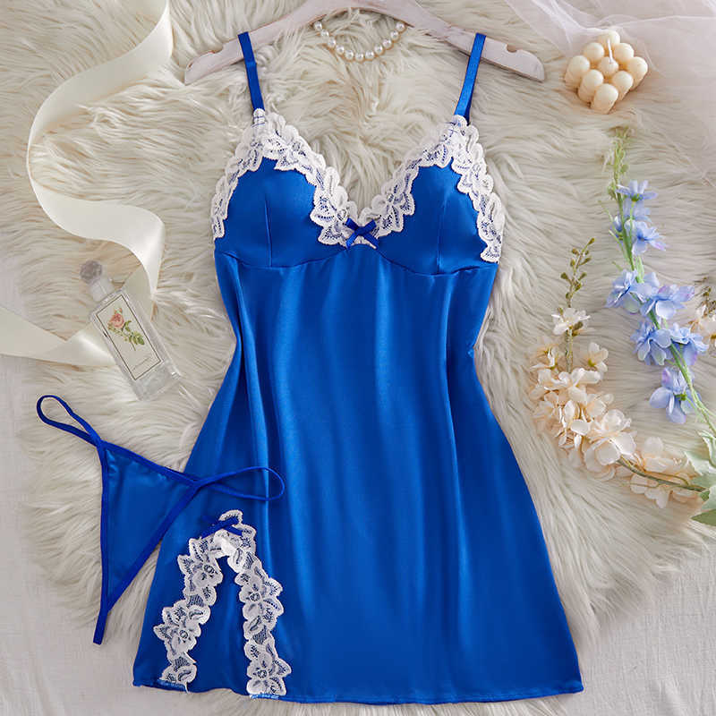 Babydolls Sexy For Women Blue Lace Deep V Corset SlBackless Women Casual Breathable Pajamas Home Wear Night Dress Thong Set D260625