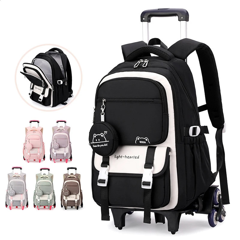 Children School Backpack Trolley Bag with Wheels Students Backpack Book Bag Rolling School bag for Girls Kids Wheeled Backpack 260625
