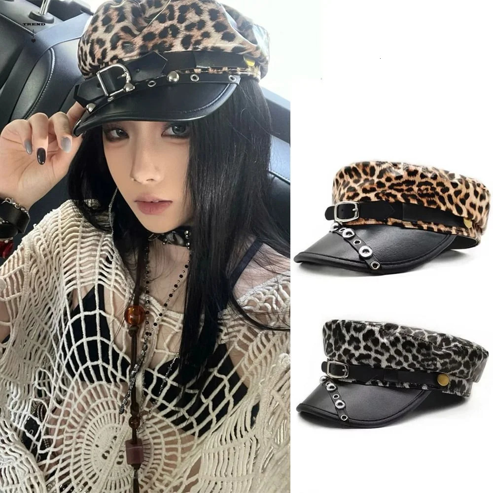 Fashion Sex Rivet Leopard Hat Punk Gothic Y2k Beret Hat Harajuku Pu Leather Flat Top Cap for Girls 260624