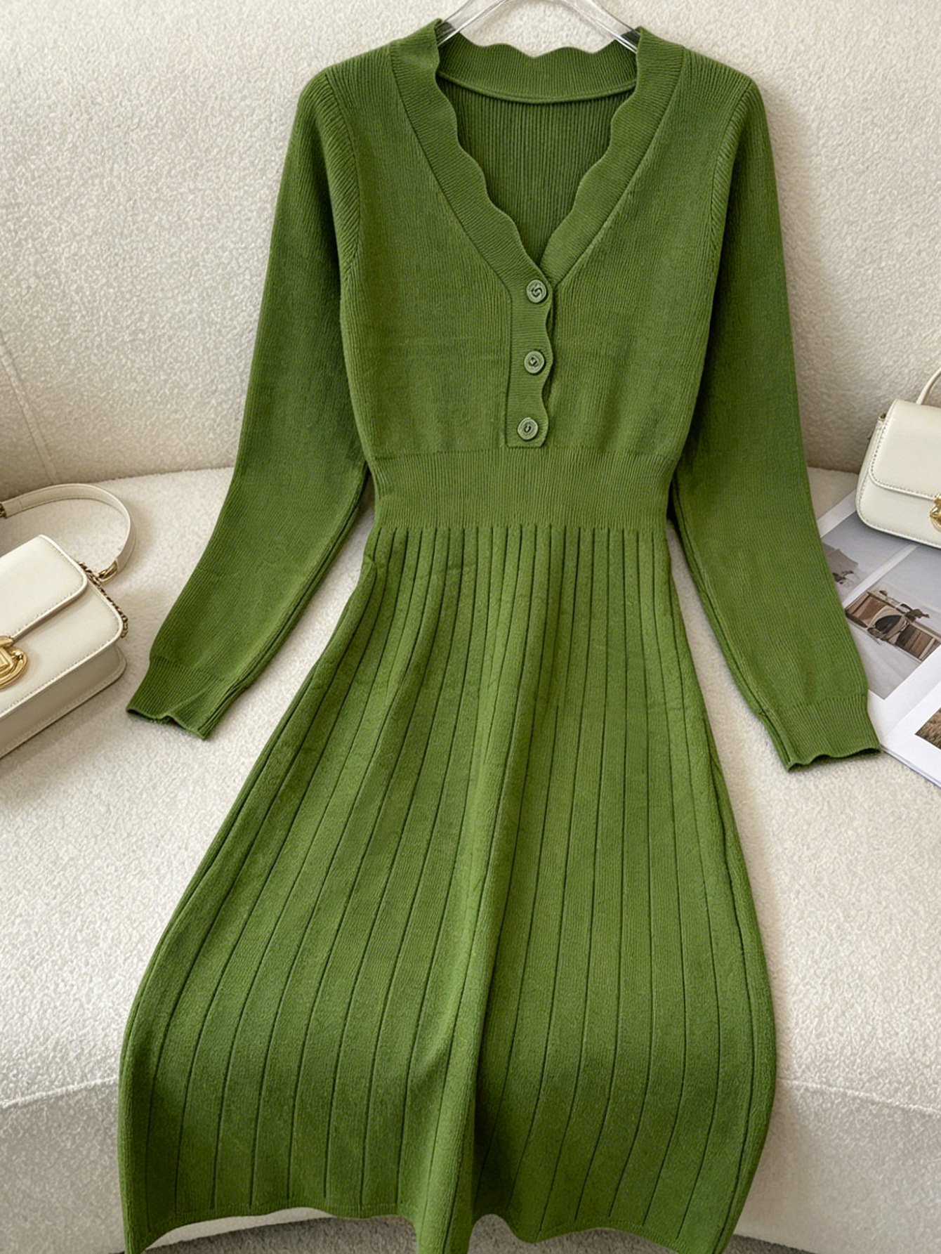 Women Green Scalloped V Neck Knit Dress Long Sleeve Button Waist Slim Pleated A Line Mini Dress Solid Knitted Casual Dress