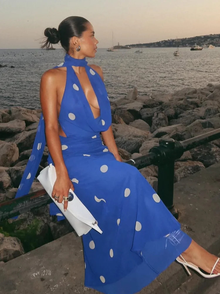 Fashion Polka Dot Scarf Neck Long Dress Women Elegant Deep V-neck Sleeveless Backless Maxi Dresses Lady Chic Street Evening Robe 260624