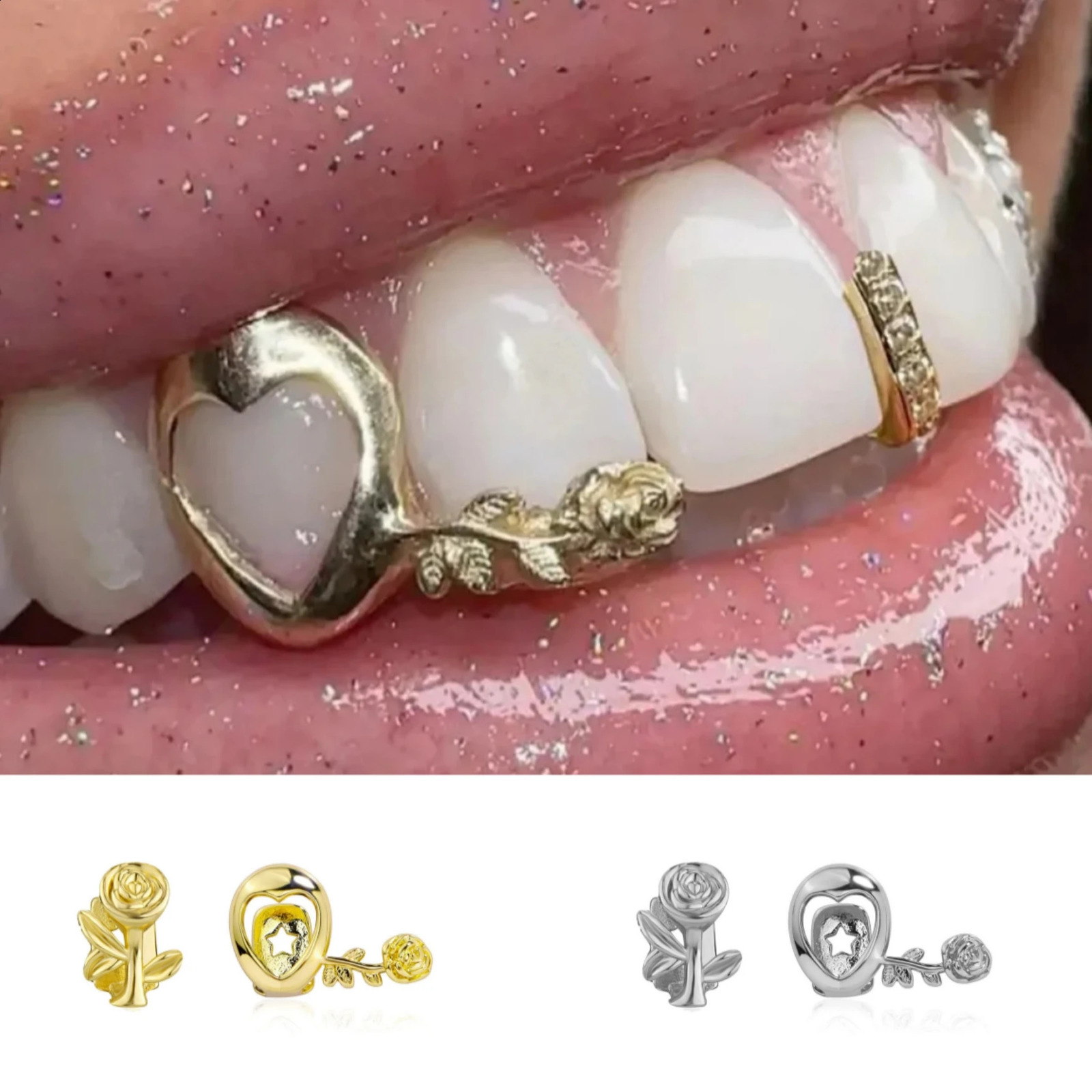 Elegant Hollow Heart Rose Flower Glossy CZ Stone Tooth Caps Hip Hop Teeth Jewelry for Women Men Christmas Gift 260623