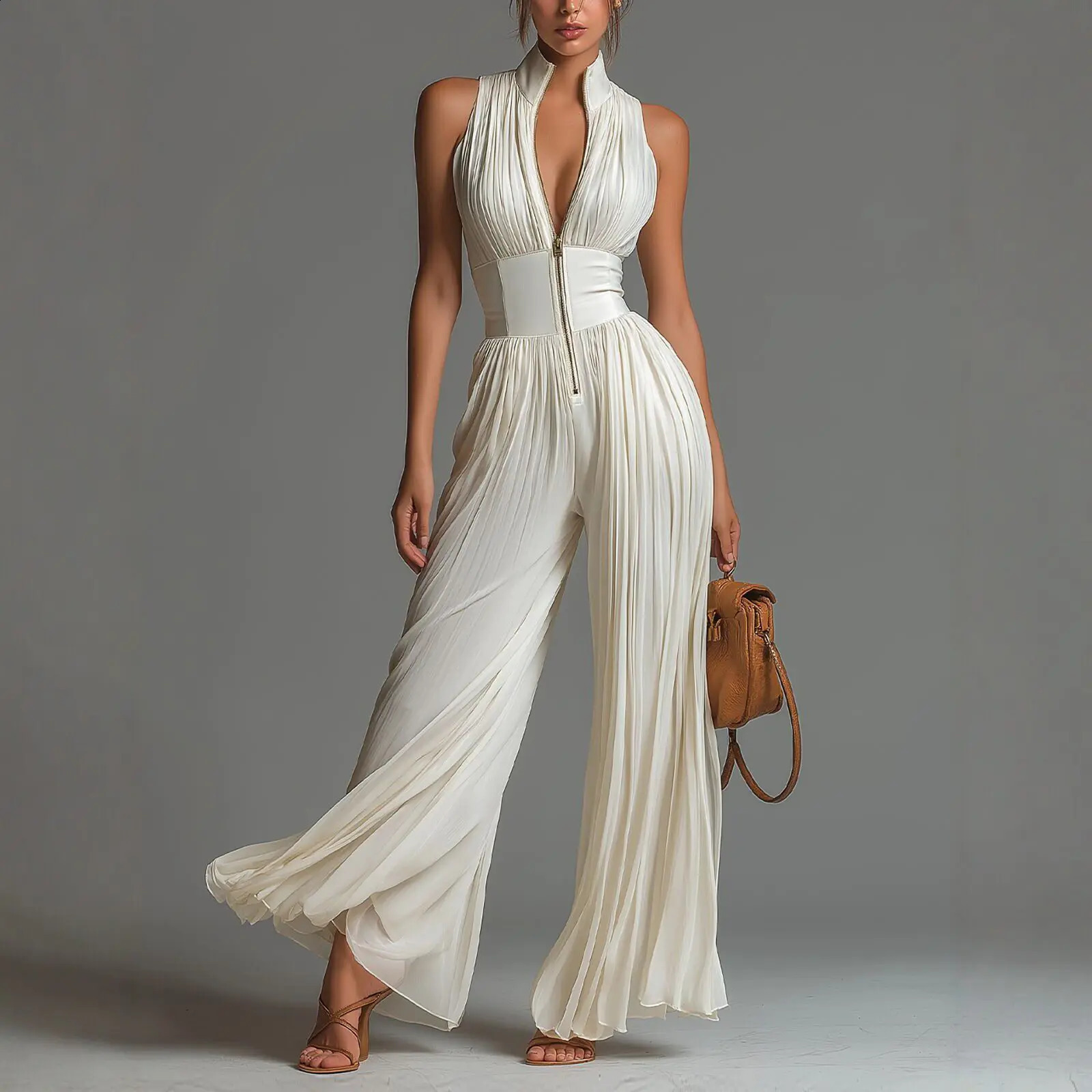 Elegant Stand Collar Zipper Pleated Jumpsuit Womens Solid High Waist Wide Leg Romper Summer Sleeveless Vacation Overalls 260625