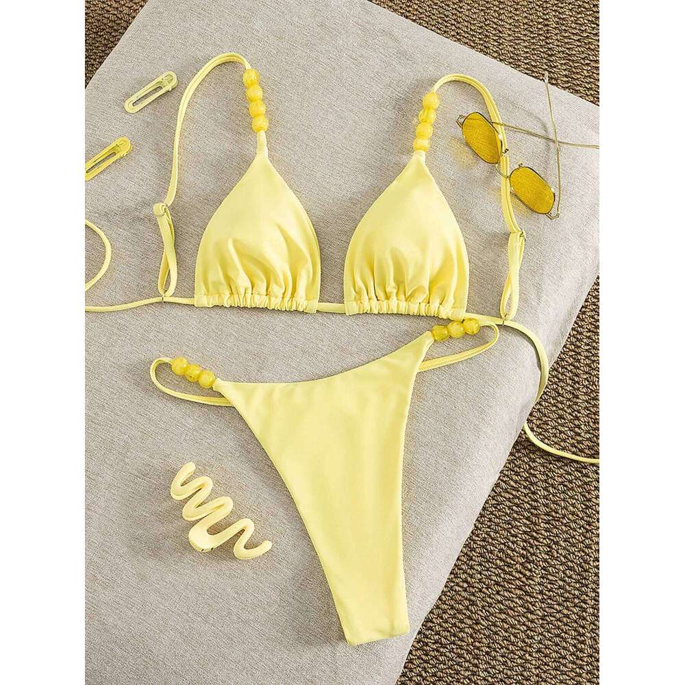 Sexy Yellow Micro Bikini Set 2026 Women Pearls Strap Push Up Bra Triangle Swimsuit Summer Bathing Suit Holiday Swimwear Biquini 26Y0625
