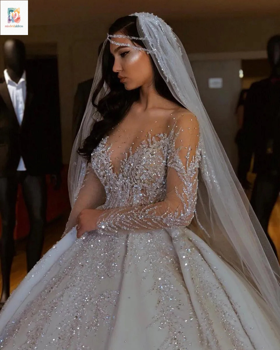 Dubai Arabic Ball Gown Wedding Plus Size Sweetheart Backless Sweep Train Bridal Gowns Bling Luxury Beading Sequins Wed Dresses Mb625