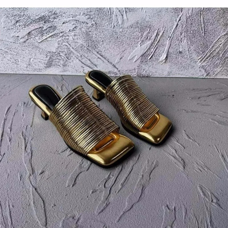 Square head with a line with a fine heel sandals womens summer bright high heels half drag shoes 260624