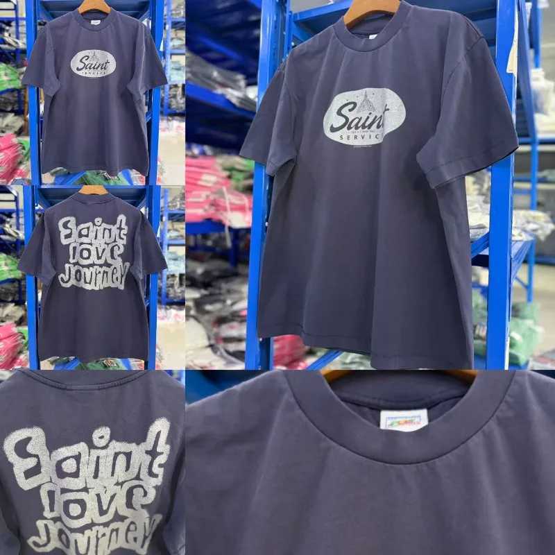 2026 Summer Mens Womens Loose FittCasual Pure Cotton Saint Short Sleeved American Retro Washed Blue Tops T260622