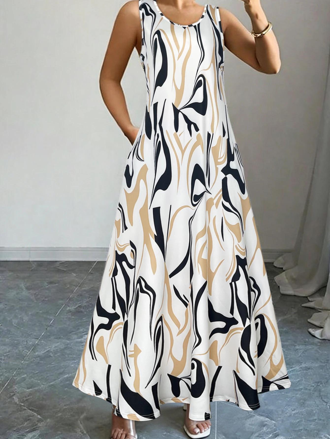 Womens Abstract Fluid Print Sleeveless Maxi Dress Summer Casual Round Neck Loose Sundress With Side Pockets 260624