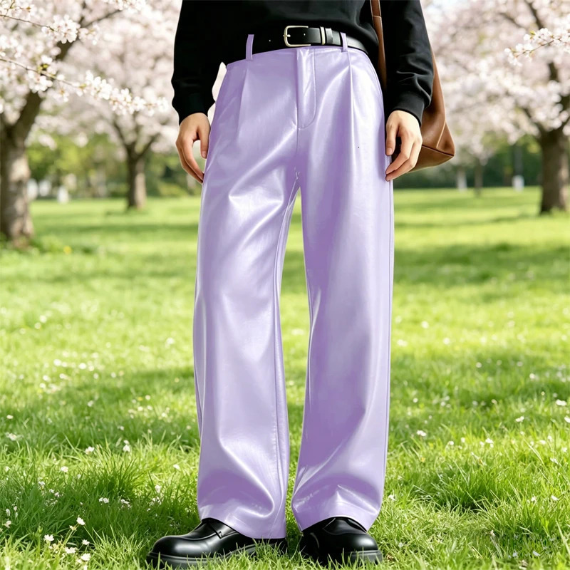 y Mens PU Leather Pants High Waist Loose Straight Leg Soft Breathable Trousers Streetwear Fashion Daily Wear For Men 260618