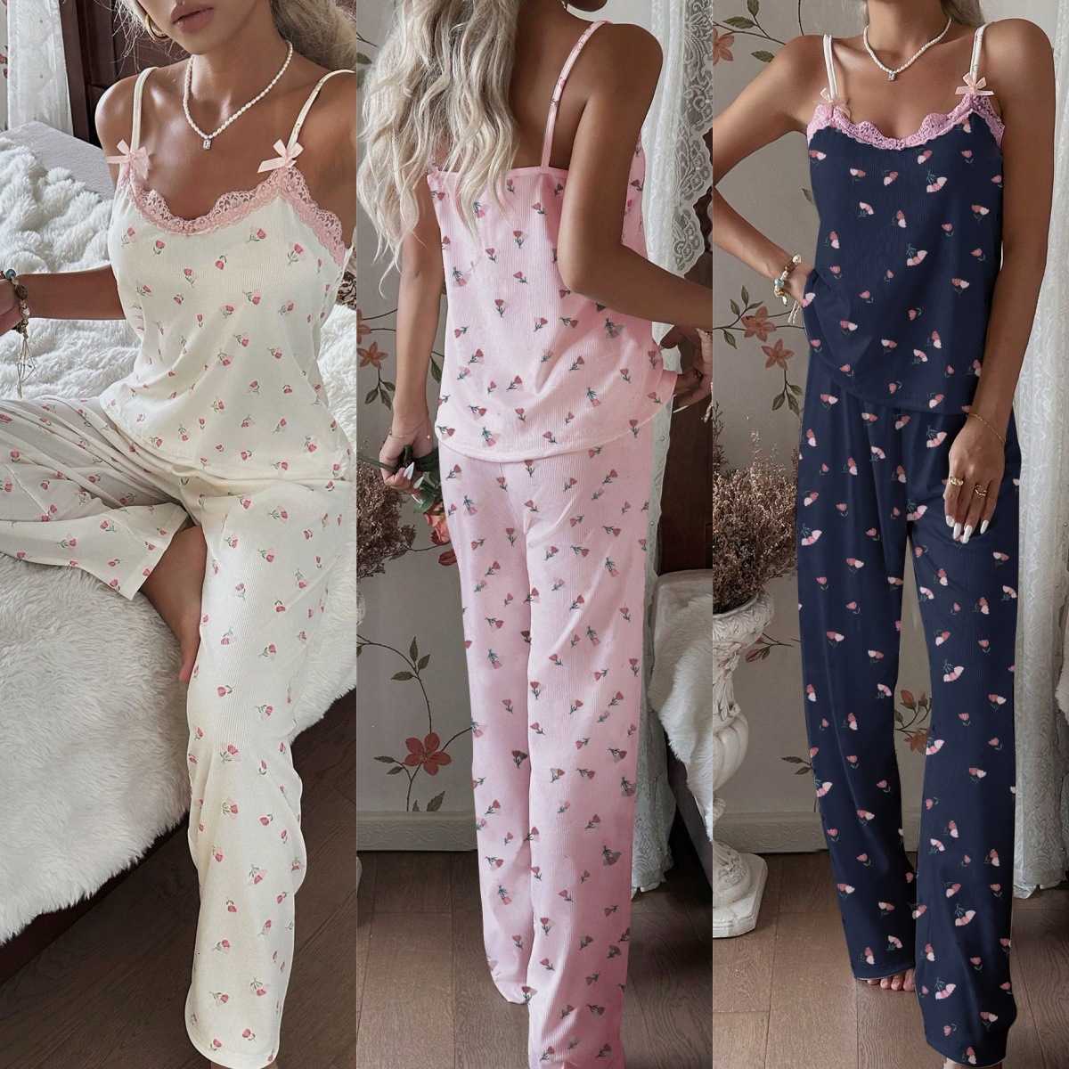Summer Cami Nightdress with Womens Floral Print Lace Splice Cami Top and Long Pants Homewear Set That Can Be Worn Outside M260625