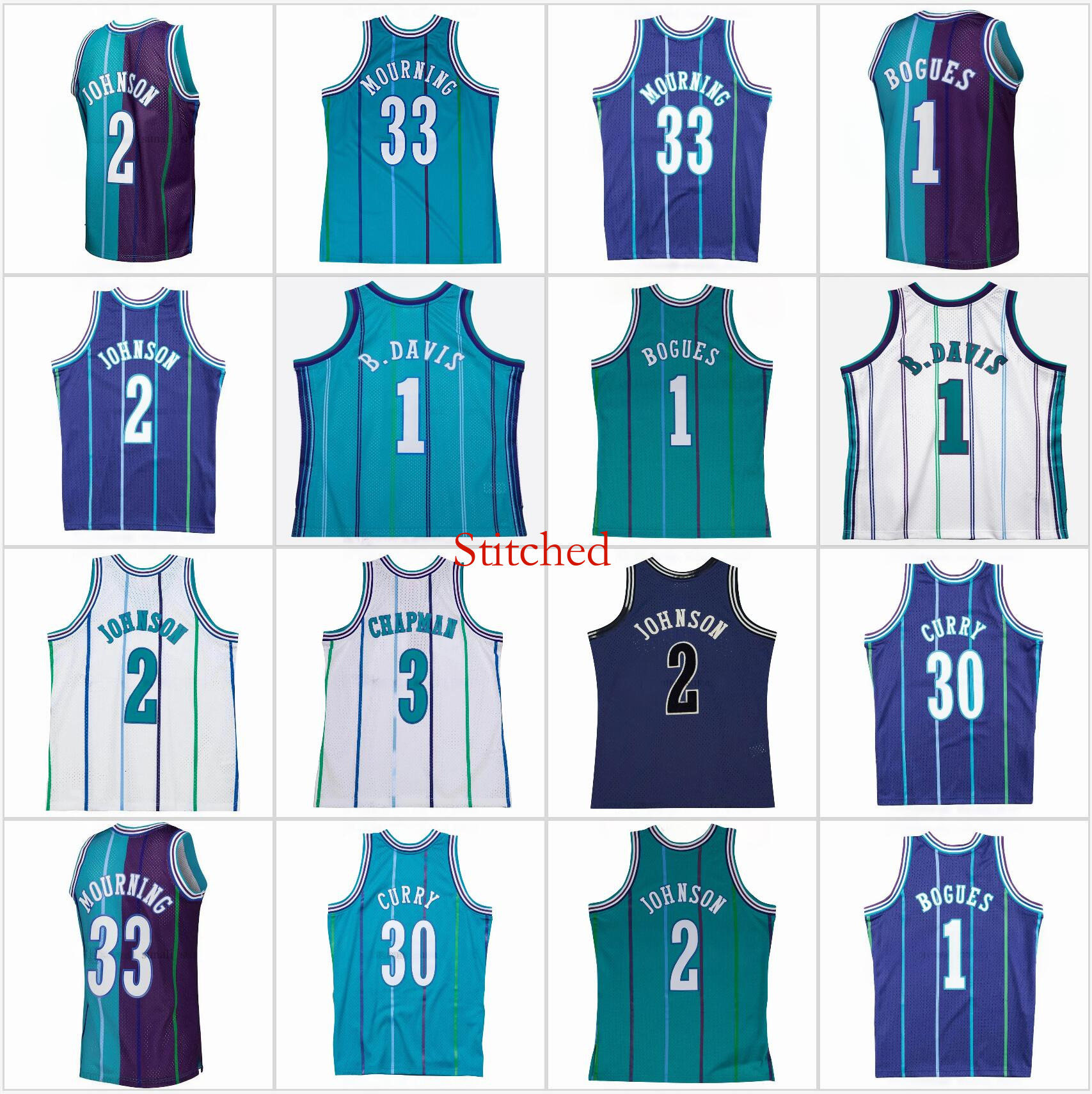 Retro Mans Basketball Jerseys Baron 1 Davis B Davis Muggsy 1 Bogues Larry 2 Johnson Rex 3 Chapman Alonzo 33 Mourning 30 Curry Vintage Stitched