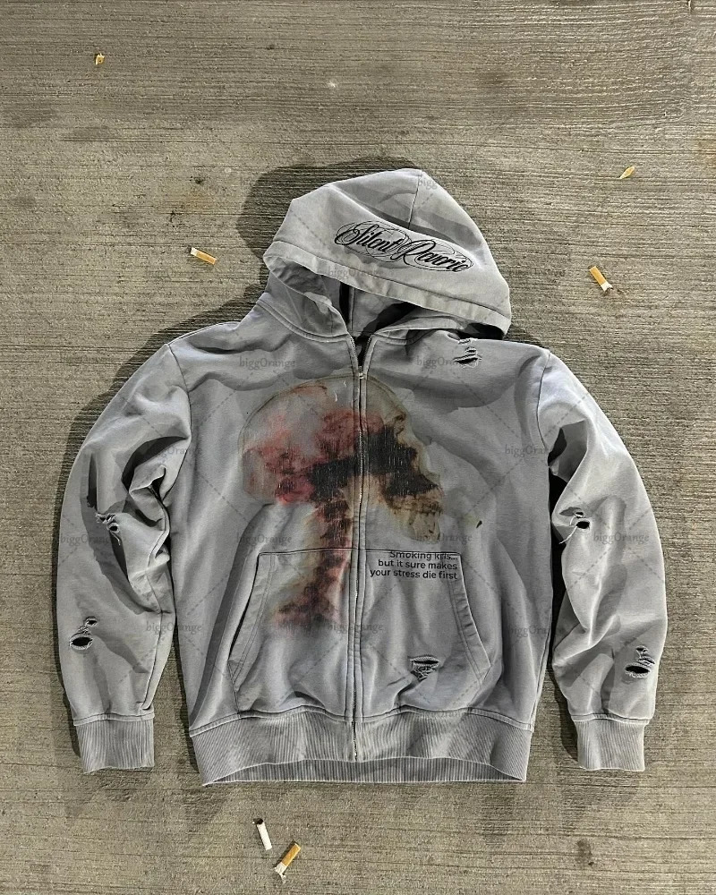 European And American Gothic Hip-Hop Punk Harajuku Skull Print Zipper Hoodies Men And Women Retro Casual Oversized Sweatshirts 260624
