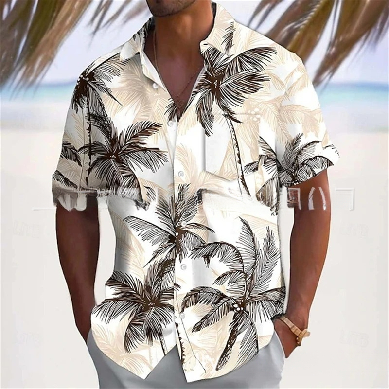 Summer Men's Hawaiian Style Shirt, White And Brown Coconut Tree Print Short Sleeve Turn-Down Collar Cardigan, Casual Beach Top