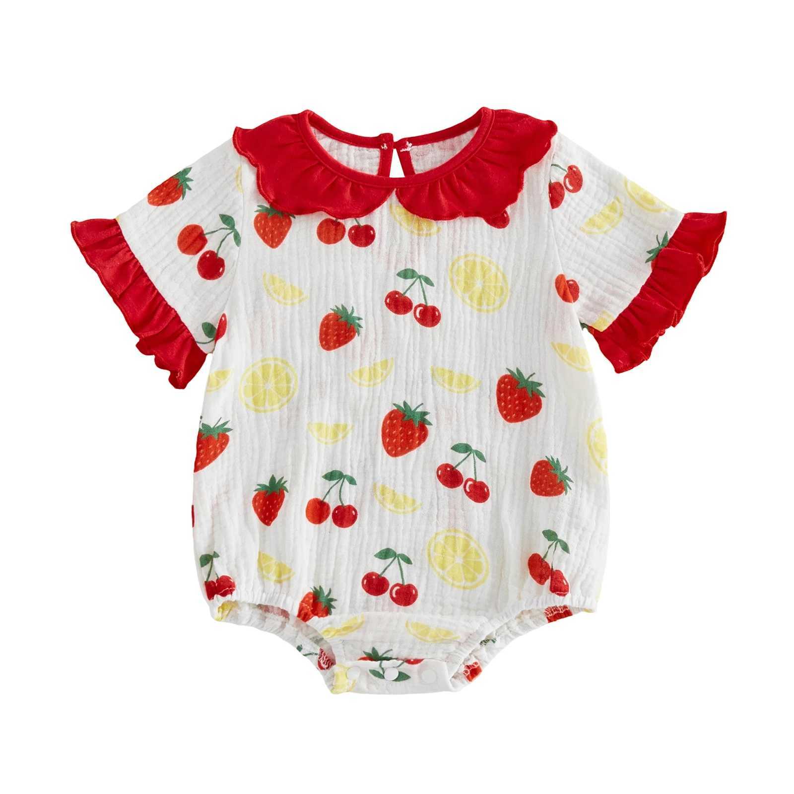 0-18M Newborn Baby Girl Romper Summer Short Sleeve Doll Collar Cute Fruits/Bow Print Ruffle Trim Decor Infant Jumpsuit Y260625F5FI