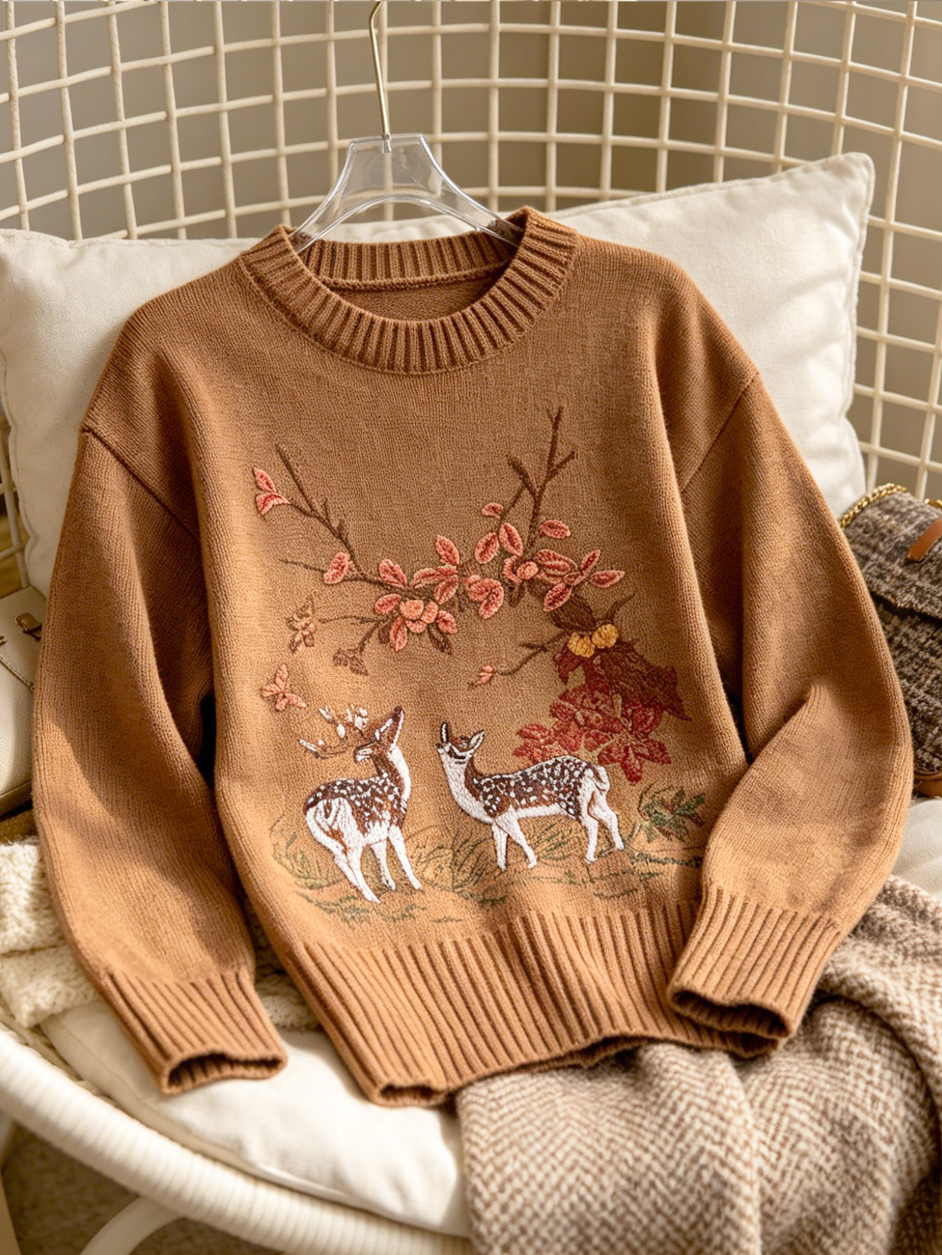 Women Brown Sika Deer Floral Embroidery Sweater Crew Neck Long Sleeve Loose Soft Knitted Pullover Autumn Warm Jumper