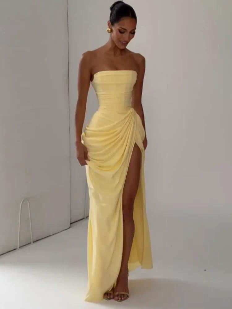 Elegant Yellow Strapless Pleated Dress Women Chic Sleeveless Waist Cinching Split Maxi Gowns 2026 Summer Lady Evening Party Robe