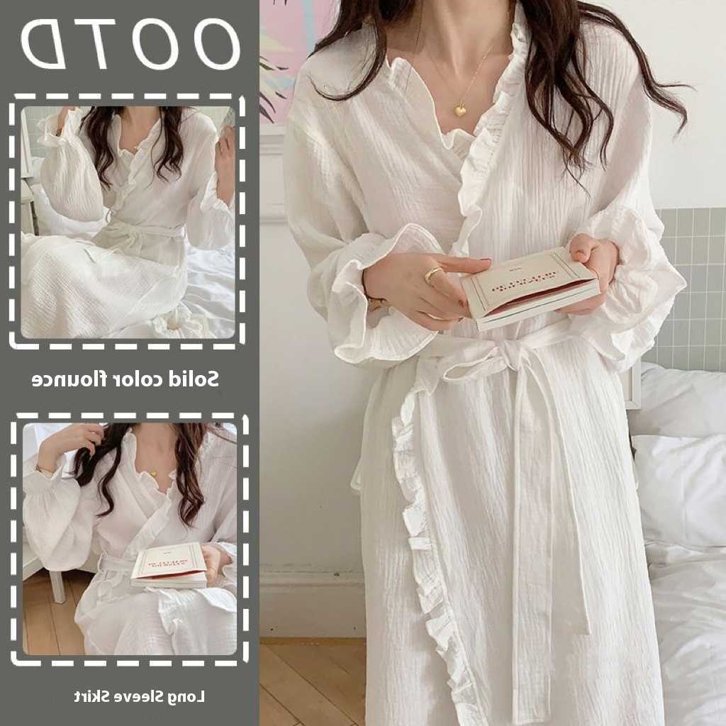 New Womens Summer Spring and Simple Long-Sleeved Robe Girls Sweet Ins Wind Ruffled Thin Section of Solid Color Pajamas Home Wea M260625