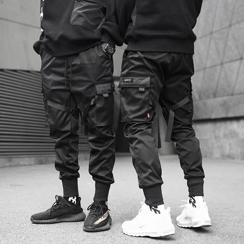 Classic Streetwear Hip Hop Joggers Men Letter Ribbons Cargo Pants Pockets Track Tactical Casual Male Trousers Sweatpant KZ99260624