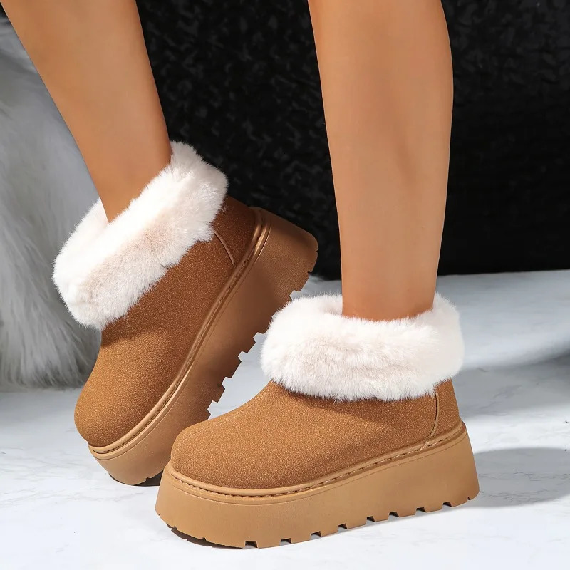 Winter Cotton Boots Womens Fashion Round Toe Suede Platform Slip Resistant Wear Short Cylinder Snow Boots 260624