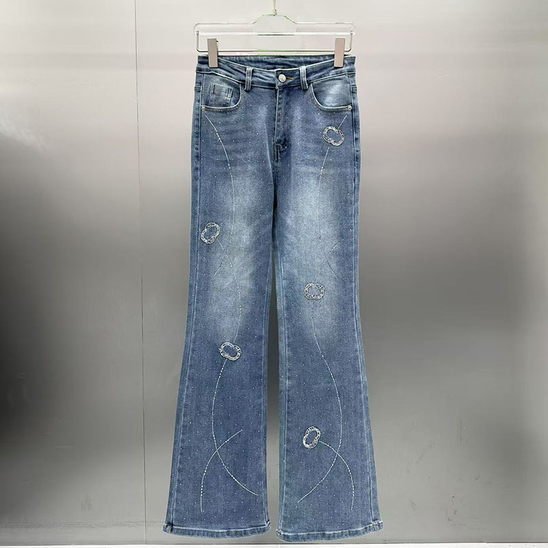 Retro Y2k Denim Pants Designer Rhinestone Letter High Waist Trousers Women Street Style Straight Leg Pants for Women